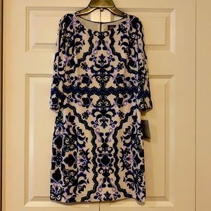Classic Women’s Vince Camuto Patterned Blue & White Print Dress Size 10P W/ Zip